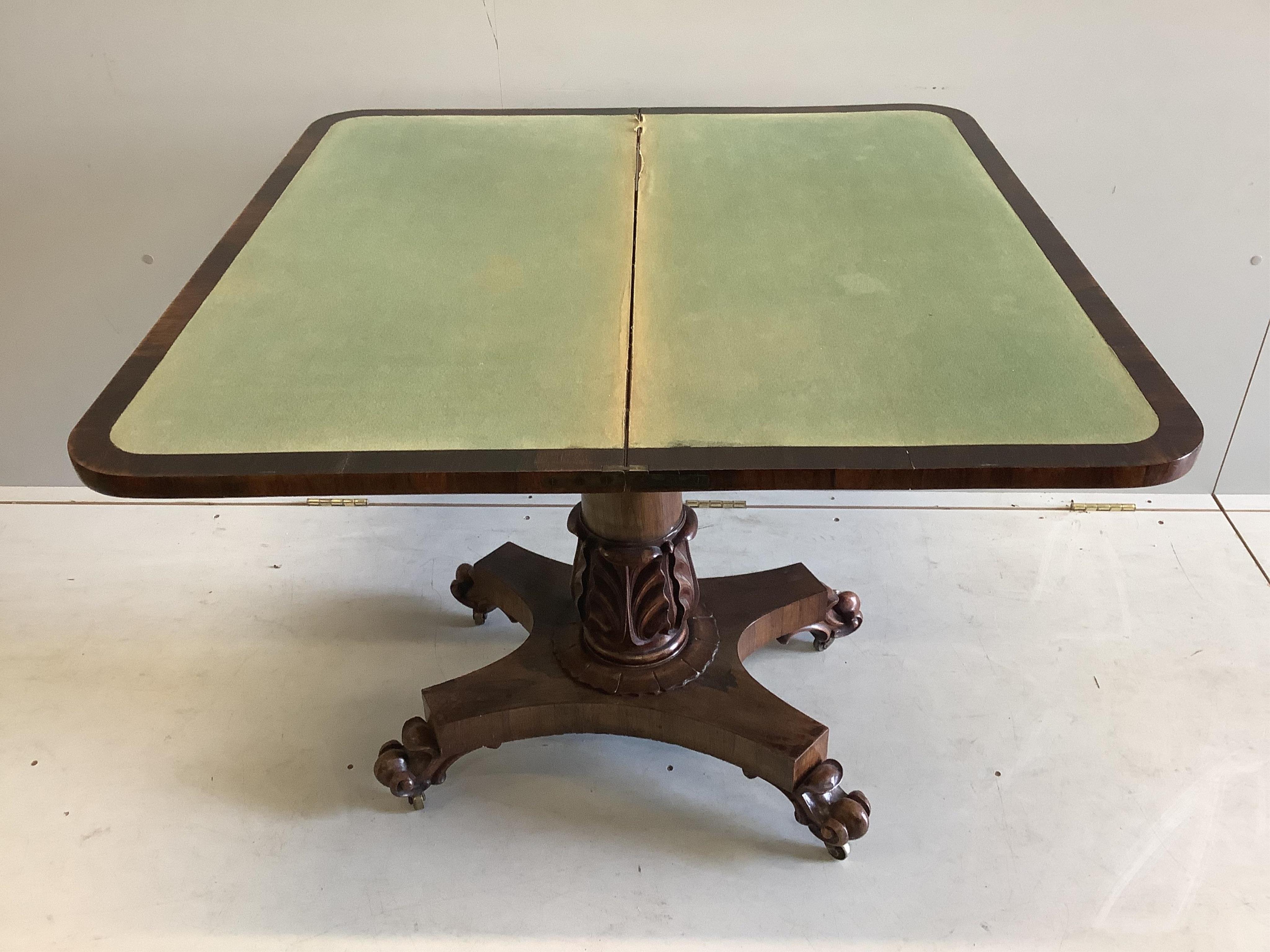 A William IV rosewood card table, width 92cm, depth 45cm, height 75cm
